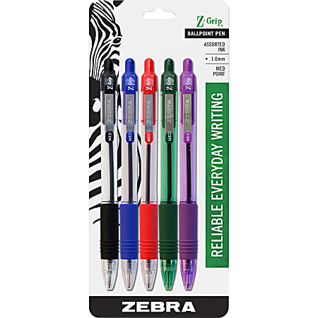 Zebra Pen Z-Grip Retractable Ballpoint Pens - Medium Pen Point - 1 mm Pen Point Size - Retractable - Black, Green, Red, Purple, Cyan - Assorted Barrel - 5 / Set