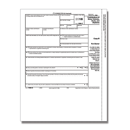 ComplyRight 1098-C Inkjet/Laser Tax Forms For 2016, Donor Copy B, 8 1/2" x 11", Pack Of 50