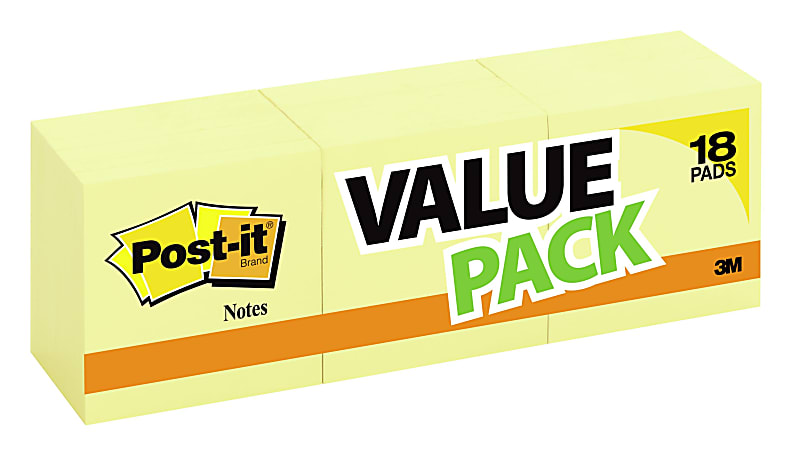 Post-it® Notes, 3 in x 3 in, Canary Yellow, Pack Of 18 Pads