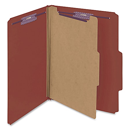 Smead® Classification Folders, Pressboard With SafeSHIELD® Fasteners, 1 Divider, 2" Expansion, Letter Size, 100% Recycled, Red, Box Of 10