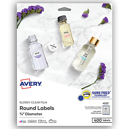 Avery® Glossy Clear Print-to-the-Edge Easy Peel Labels With Sure Feed® Technology, 4222, Round, 3/4" Diameter, Clear, Pack Of 400