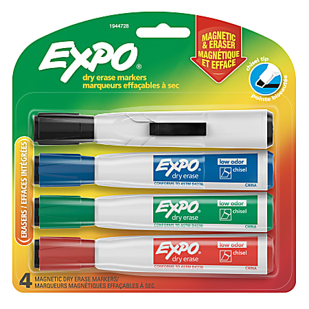 EXPO® Magnetic Dry Erase Markers With Eraser, Chisel Tip, Assorted Ink Colors, Pack Of 4