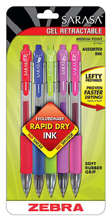 Zebra® Pen SARASA® Retractable Gel Pens, Pack Of 5, Medium Point, 0.7 mm, Assorted Colors
