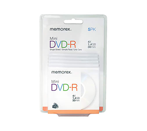 Memorex® Mini DVD-R Media With Jewel Cases, 1.4GB/30 Minutes, Pack Of 5