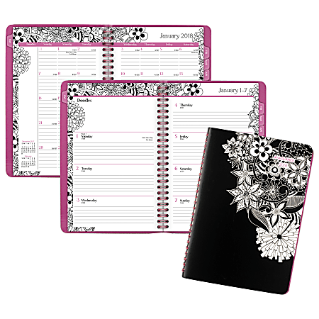 AT-A-GLANCE® FloraDoodle Premium 13-Month Weekly/Monthly Planner, 5 1/2" x 8 1/2", Black/White, January 2018 to January 2019 (589-200-18)