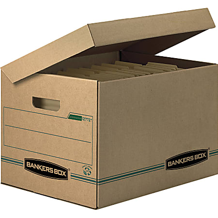 Bankers Box® Systematic™ Standard-Duty Storage Boxes With Attached Lids And Built-In Handles, Letter/Legal Size, 10" x 12" x 15", 100% Recycled, Kraft/Green, Case Of 12