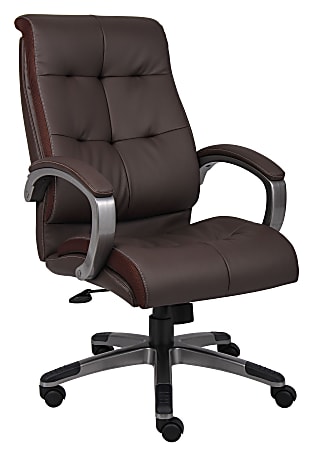 Boss Office Products Double-Plus Ergonomic LeatherPlus™ Bonded Leather High-Back Chair, Brown/Pewter