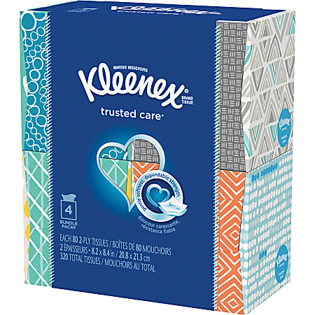 Kleenex® Trusted Care 2-Ply Facial Tissues, White, 80 Tissues Per Box, Case Of 4 Boxes