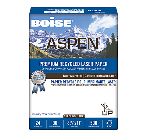 Boise ASPEN® Laser Paper, 3-Hole Punch, White, Letter Size (8 1/2" x 11"), Ream Of 500 Sheets, 30% Recycled, FSC® Certified, 24 Lb, 96 Brightness