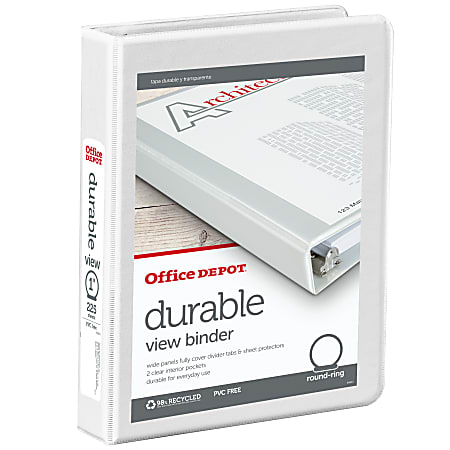 Office Depot® Brand 3-Ring 5-1/2" x 8-1/2" Durable View Binder, 1" Round Rings, White