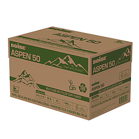 Boise® ASPEN® 50 3-Hole Punched Multi-Use Printer & Copier Paper, Letter Size (8 1/2" x 11"), 5000 Total Sheets, 92 (U.S.) Brightness, 20 Lb, 50% Recycled, FSC® Certified, White, 500 Sheets Per Ream, Case Of 10 Reams
