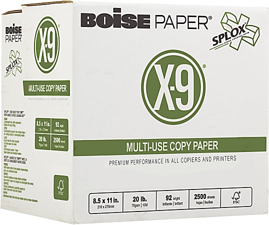 Boise® X-9® SPLOX® Reamless Multi-Use Printer & Copy Paper, 5 Reams, White, Letter (8.5" x 11"), 2500 Sheets Per Case, 20 Lb, 92 Brightness