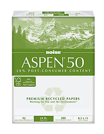 Boise® Aspen® Multipurpose Paper, Letter Size Paper, 24 Lb, 50% Recycled, FSC Certified, Ream Of 500 Sheets