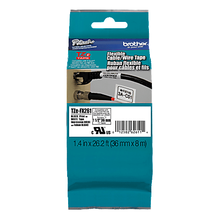 Brother® TZe FX651 Flexible Label Maker Tape, 1.5" x 26.2', Black Print/White Label