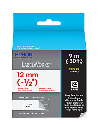 Epson® LabelWorks LC Label Maker Tape Cartridge, Standard, 0.5" x 30', Red Print/White Label