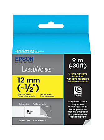 Epson® LabelWorks LC Label Maker Tape Cartridge, Strong Adhesive, 0.5" x 30', Black Print/Yellow Label