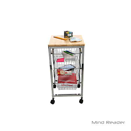 Mind Reader 3-Tier Wire Basket Cart With Wood Surface, Silver