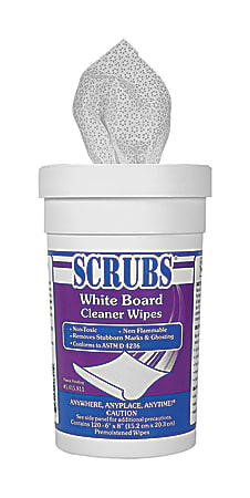 SCRUBS White Board Cleaner Wipes, 8" x 6", 120 Wipes Per Canister, Case Of 6 Canisters