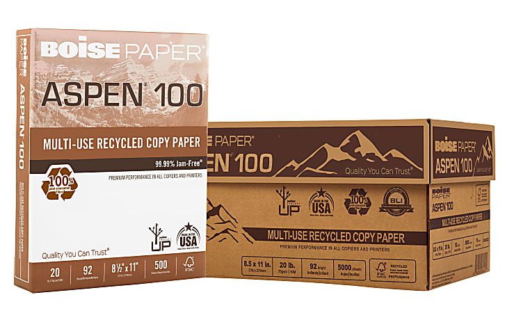 Boise® ASPEN® 100 Multi-Use Printer & Copy Paper, White, Letter (8.5" x 11"), 5000 Sheets Per Case, 20 Lb, 92 Brightness, 100% Recycled, FSC® Certified
