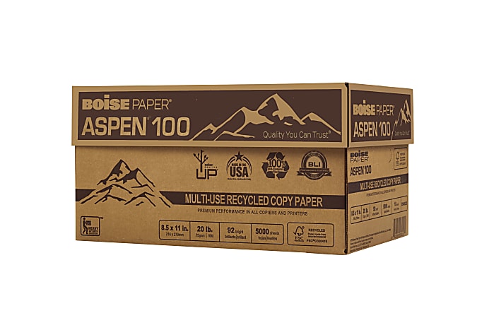 Boise® ASPEN® 100 Multi-Use Printer & Copier Paper, Letter Size (8 1/2 x  11), Ream Of 500 Sheets, 92 (U.S.) Brightness, 20 Lb, 100% Recycled, FSC®  Certified, White 