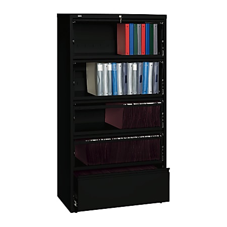 WorkPro® 5-Drawer Roll-Out Shelf Lateral File Cabinet, 68 5/8"H x 36"W x 18 5/8"D, Black