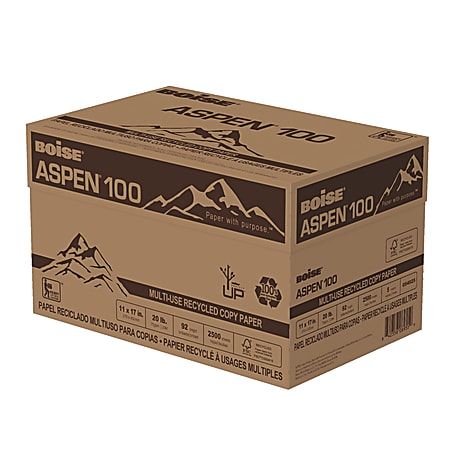 Boise® ASPEN® 100 Multi-Use Printer & Copy Paper, 5 Reams, White, Ledger (11" x 17"), 2500 Sheets Per Case, 20 Lb, 92 Brightness, 100% Recycled, FSC® Certified
