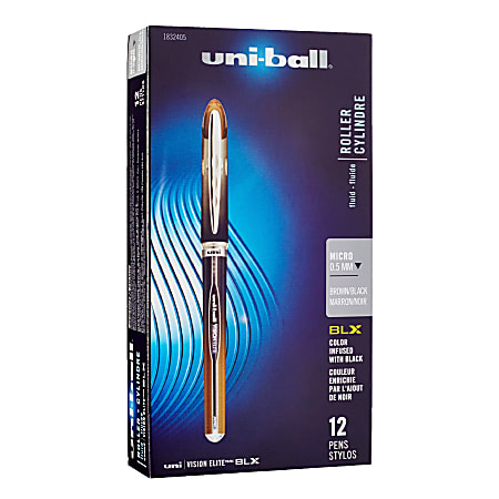 uni-ball® Vision™ Elite™ BLX Series Rollerball Stick Pens, Micro Point, White Barrel, Black; Brown Ink, Pack Of 12