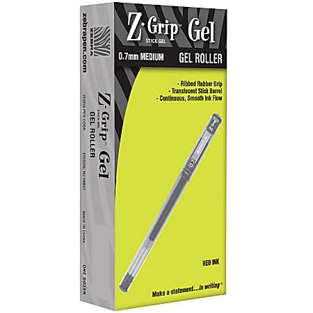 Zebra® Z-Grip™ Stick Gel Ink Pens, Medium Point, 0.7 mm, Translucent Barrel, Red Ink, Pack Of 12 Pens