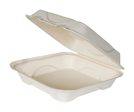 Eco-Products Bagasse Hinged Clamshell Carryout Containers, 3" x 9" x 9", White, Case Of 200