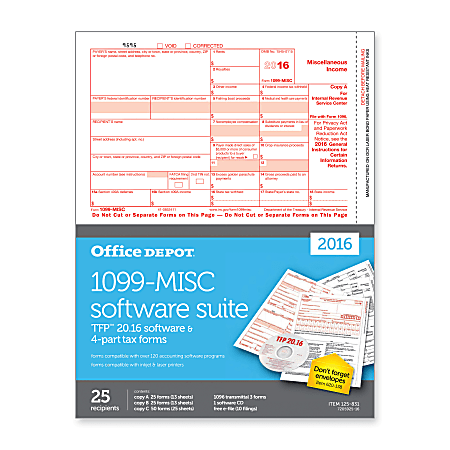 Office Depot® Brand 1099-MISC Inkjet/Laser Tax Forms With Software, 4-Part, 8 1/2" x 11", White, Pack Of 25 Forms