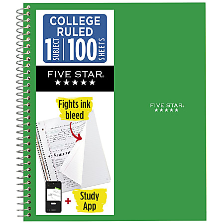 Five Star® Spiral Notebook Plus Study App, 1 Subject, College Ruled, 8 1/2" x 11", Retro Green