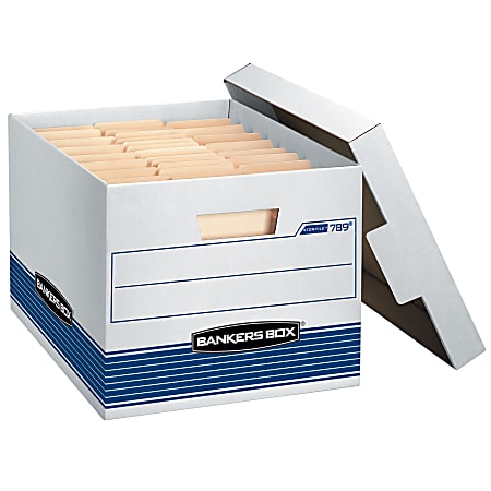 Bankers Box® Stor/File™ Medium-Duty Storage Boxes With Locking Lift-Off Lids And Built-In Handles, Letter/Legal Size, 15" x 12" x 10", 60% Recycled, White/Blue, Case Of 12