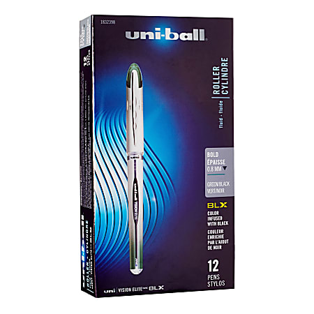 uni-ball® Vision™ Elite™ BLX Series Rollerball Stick Pens, Bold Point, 0.8 mm, White Barrel, Black; Green Ink, Pack Of 12