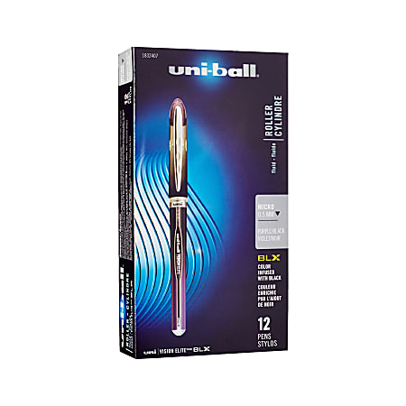 uni-ball® Vision™ Elite™ BLX Series Rollerball Stick Pens, Micro Point, 0.5 mm, White Barrel, Black; Purple Ink, Pack Of 12