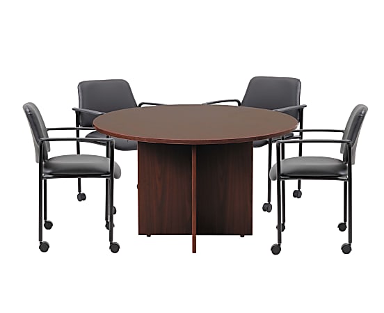 Boss Office Products Round Table And 4 Stackable Guest Chairs Set, 47" Diameter, Mahogany/Black