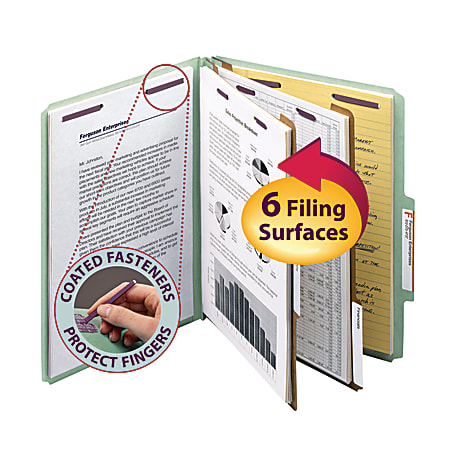 Smead® Classification Folders, Pressboard With SafeSHIELD® Fasteners, 2 Dividers, 2" Expansion, Letter Size, 60% Recycled, Gray/Green, Box Of 10