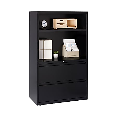 WorkPro® 36"W Lateral 2-Drawer/2-Shelf File Cabinet With Bookcase, Metal, Black