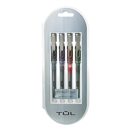 TUL® RB1 Rollerball Pens, Medium Point, 0.7mm, Silver Barrel, Assorted Inks, Pack Of 4 Pens