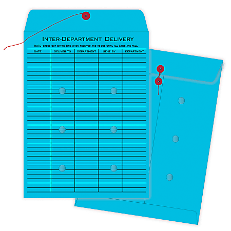 Quality Park® Interdepartment Envelopes, 10" x 13", 1-Sided Narrow Rule, Button & String Closure, Blue, Box Of 100