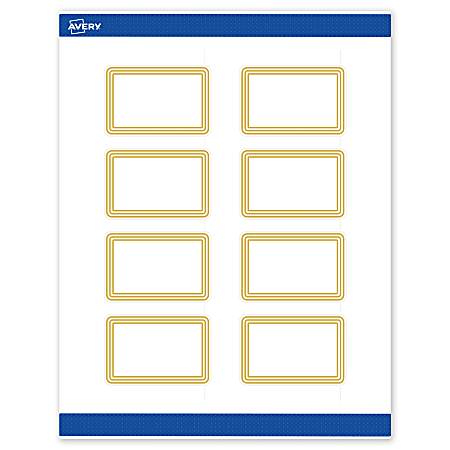 Avery® Print-To-The-Edge Labels & Sure Feed®, S00-DHF-PRWMP10, 2" x 3", Matte White, Preprinted Multi-Lined Gold Border Design, Pack Of 80