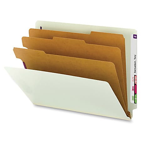 Smead® End-Tab 3-Divider Classification Folders, 8 1/2" x 11", 3 Divider, 3 Partition, 60% Recycled, Gray/Green, Pack Of 10
