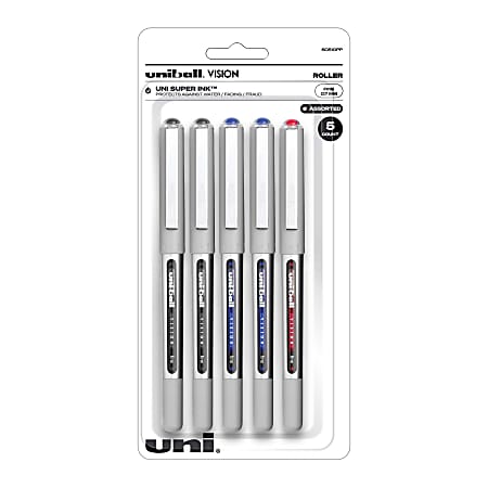 uni-ball® Vision™ Rollerball Pens, Fine Point, 0.7 mm, Gray Barrel, Assorted Ink Colors, Pack Of 5