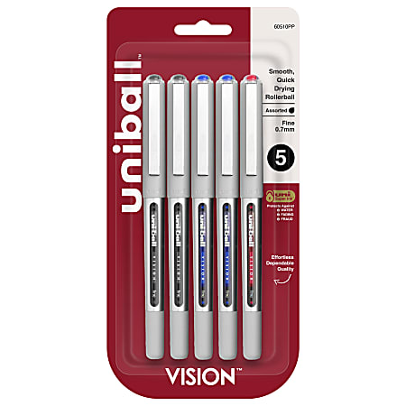 uni-ball® Vision™ Rollerball Pens, Fine Point, 0.7 mm, Gray Barrel, Assorted Ink Colors, Pack Of 5