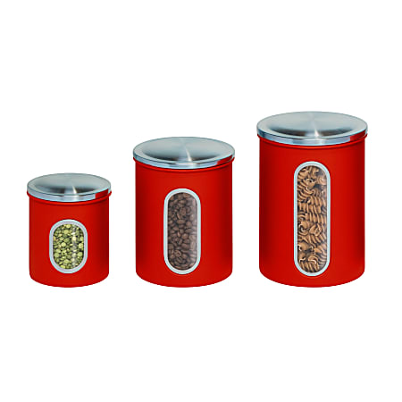 Honey-Can-Do 3-Piece Metal Storage Canister Set, 0.8 - 2.7 Qt, Red/Stainless Steel