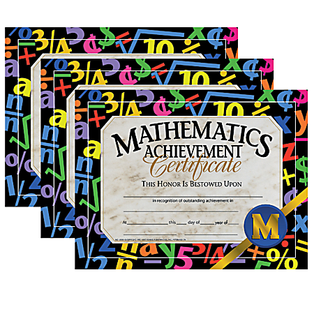 Hayes Certificates, 8-1/2" x 11", Mathematics Achievement, 30 Certificates Per Pack, Set Of 3 Packs, HVA5813