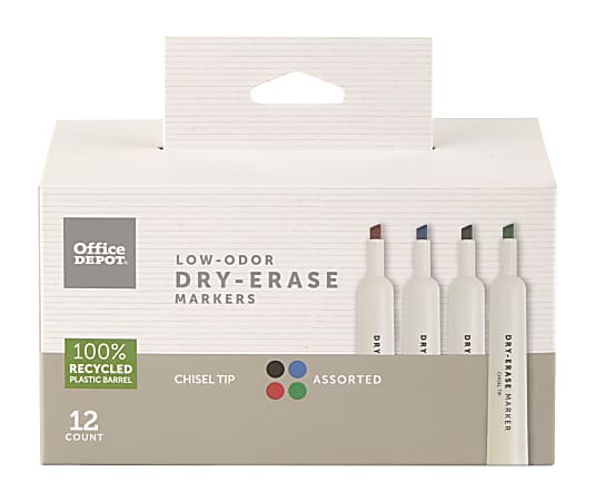 Office Depot® Brand Low-Odor Dry-Erase Markers, Chisel Point, 100% Recycled Plastic Barrel, Assorted Colors, Pack Of 12, W3113124