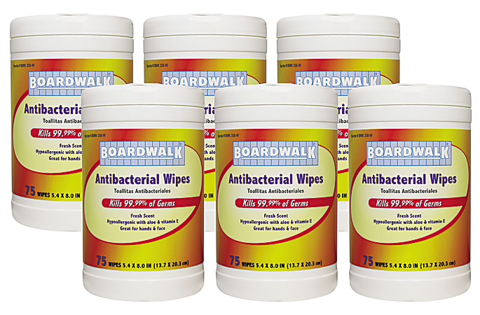 Boardwalk Antibacterial Wipes, Fresh Scent, 8" x 5 1/2", White, 75 Wipes Per Canister, Case Of 6 Canisters