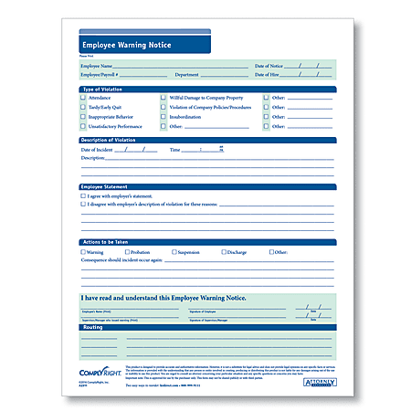 ComplyRight Employee Warning Reports, 8 1/2" x 11", Pack Of 50