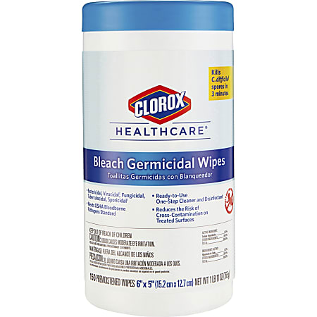 Clorox® Healthcare® Germicidal Wipes With Bleach, Unscented, 6" x 5", Pack Of 150 Wipes