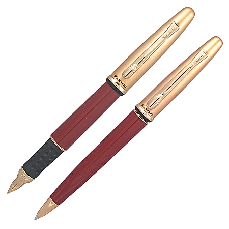 Yafa® Scenario™ Fountain Pen And Ballpoint Pen Set, Medium Point, 1.0 mm, Red Barrel, Assorted Ink Colors